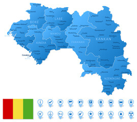 Blue map of Guinea administrative divisions with travel infographic icons.