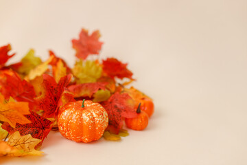 Festive autumn decor with pumpkins and leaves on a beige background.
