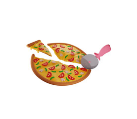 3d pizza with mushrooms cut with a pizza knife into different shares, isolated illustration on a white background, 3d rendering