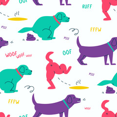Cute seamless pattern with pooping and pissing dogs. Repetitive elements of the pet being walked. The animal is shitting.