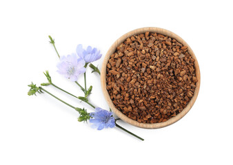Bowl of chicory granules and flowers on white background, top view