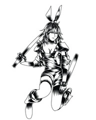 Obraz premium Artwork Illustration Of Green Bunny Girl In Action With Sword Black And White Silhouette