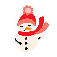 Christmas and new year colorful clipart with snowman dressed in red knitwear. Bright vector decor for web and print. 