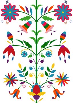 Ethnic floral seamless pattern isolated on white background. Mexican traditional Otomi embroidery style. For card, cover, flyer, banner, textile.