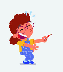 cartoon character of little girl on jeans laughs while pointing to the side with a pencil.