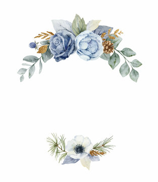 A watercolor vector Christmas wreath with dusty blue flowers and branches.