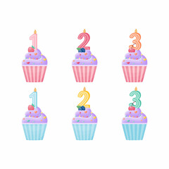Cute cupcake of lilac color, in pink and blue. Number one, number two, number three. A set for postcards. Vector illustration isolated, on a white background