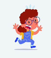 cartoon character of little girl on jeans runs away in terror.