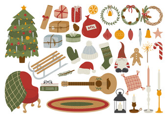 Set of christmas celebration elements: tree, gifts, toys, candles, sled, clothes, decorations. Winter collection of cozy home objects. Hand drawn holiday items