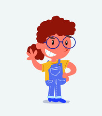 cartoon character of little girl on jeans waving while smiling.