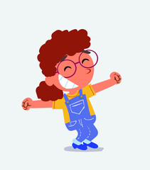 Euphoric little girl on jeans in funny cartoon character.