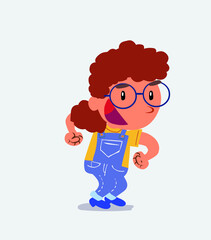 Euphoric cartoon character of little girl on jeans makes plans.