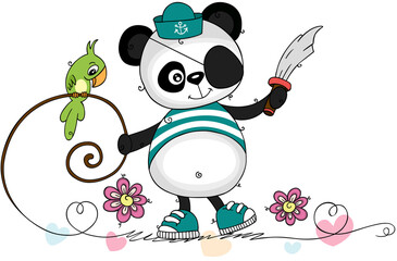 Naklejka premium Funny pirate panda with parrot and sword 