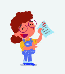 happy cartoon character of little girl on jeans explaining something with exam in hand.