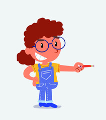 happy cartoon character of little girl on jeans points with pencil to the side.