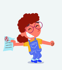 happy cartoon character of little girl on jeans rejoices with exam in hand.