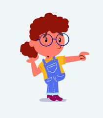 Surprised cartoon character of little girl on jeans points to something to his side.