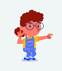 Surprised cartoon character of little girl on jeans points to something.
