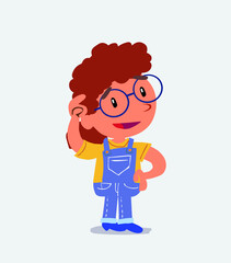 Thoughtful cartoon character of little girl on jeans scratching his head.