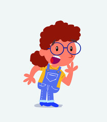 Unpleasantly surprised cartoon character of little girl on jeans looks to the side.