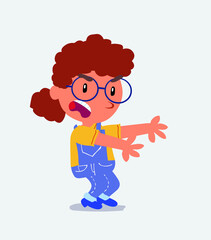 Very angry cartoon character of little girl on jeans pointing at something at side.