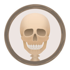 Skull or Deaths head logo in a round frame - creepy, spooky, frightening, but with a friendly smile. Isolated vector illustration on white background.
