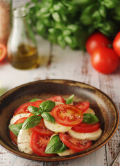 A bowl with traditional Italian caprese salad