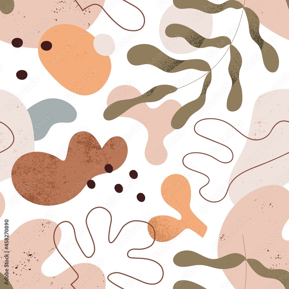 Leinwandbilder modern abstract pattern with organic shapes and leaves on white background. trendy seamless geometri