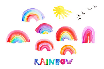 Watercolor hand drawn abstract rainbow set, sun, birds