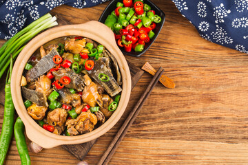 Delicious Chinese cuisine, soft shelled turtle stewed with chicken pot