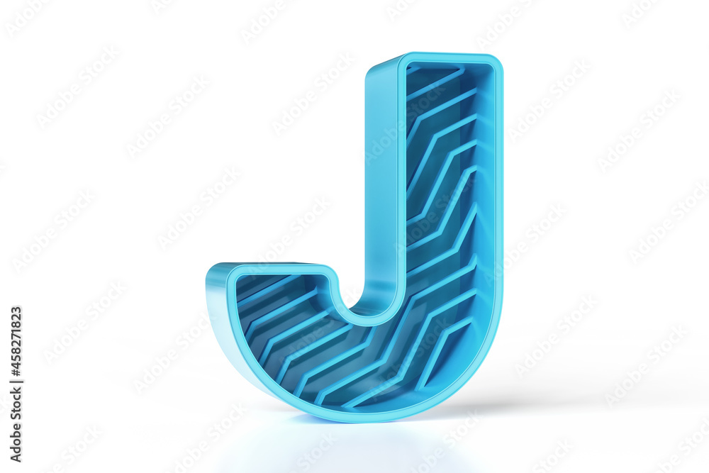 Poster 3d reflective metallic letter j with zigzag decorative pattern stripes. technology and scientist sty