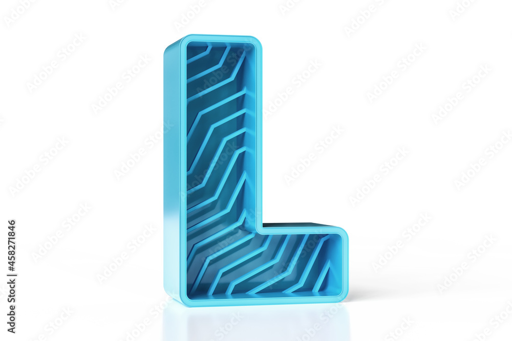 Poster polished metal futuristic style letter l in perspective view. cyan and blue shiny tones 3d font set.