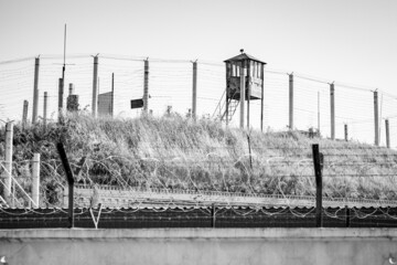 Observation tower. Observation deck at a military base. Black and white