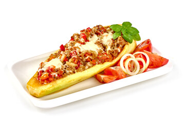 Zucchini halves stuffed with minced meat and vegetable, isolated on white background.