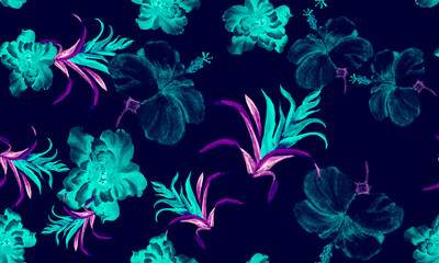 Fototapeta na wymiar Purple Hibiscus Backdrop. Blue Flower Background. Green Seamless Illustration. Pink Watercolor Leaves. Pattern Jungle. Tropical Backdrop. Exotic Wallpaper. Art Textile.