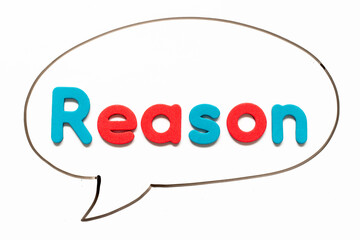 Letter in word reason and speech banner on white background