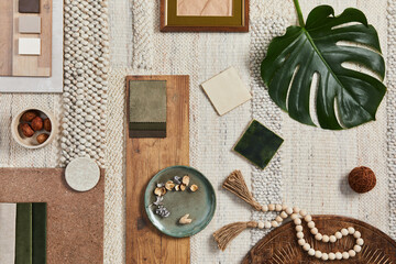Flat lay design of creative architect moodboard composition with samples of building, beige textile...