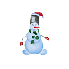 Watercolor snowman in a scarf and hat. Christmas watercolor illustrations.