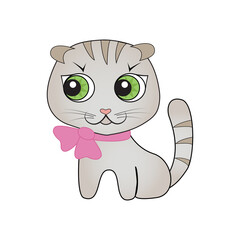 Childish illustration cartoon cute scottish fold cat with bow.