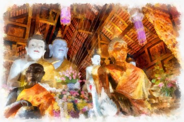 Fototapeta premium Ancient architecture of northern thailand watercolor style illustration impressionist painting.