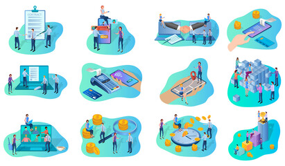 Business agreements,online payments,online conference, time control,teamwork.A set of isometric icons vector illustrations on the topic of business and technology.