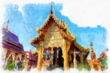 Naklejka premium Ancient architecture of northern thailand watercolor style illustration impressionist painting.
