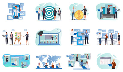 Targeting,online conference,time management, online education, business analytics.A set of flat icons vector illustrations on the topic of business and technology.