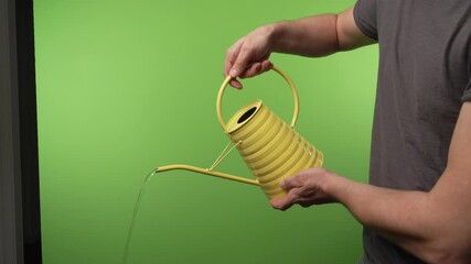 Yellow watering can poured by adult man in front of chroma green screen