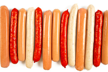 assortment of sausages isolated on white background