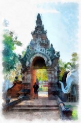 Naklejka premium Ancient architecture of northern thailand watercolor style illustration impressionist painting.