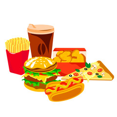 Colorful vector illustration of fast food, isolated on a white background.Fast food.hamburger, nuggets,french fries, pizza, coffee.hot dog.