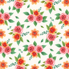 Seamless watercolor floral pattern with red and orange florals