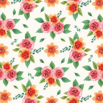 Seamless watercolor floral pattern with red and orange florals
