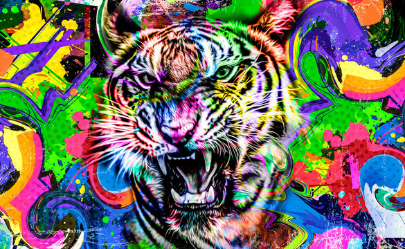 Colorful artistic tiger muzzle with bright paint splatters